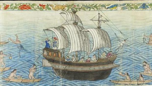 La recepción de un galeón de Manila por los indígenas chamorros en las islas Marianas, alrededor de 1590, recogida en el Códice Boxer