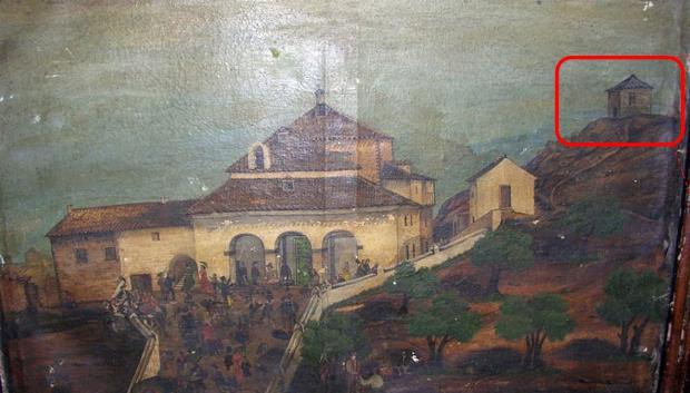 Óleo de Francisco Pizarro Reíllo (hacia 1850) con la representación de la Ermita del Cristo de Villajos y el pozo de nieve a la derecha. Pozo de Nieve de Villajos