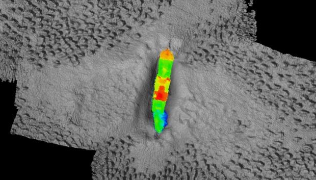 Mapa de los restos del SS Macumba que muestra las marcas de cráter en el lecho marino que ayudaron a su descubrimiento
