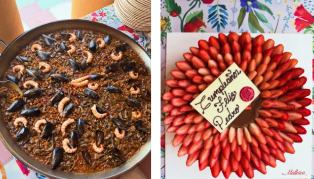 Imagen de la paella y la tarta del cumpleaños de Almodóvar
