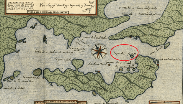 Mapa de 1606 de Diego de Prado de la Bahía San Pedro de Arlanza (Triton Bay, Nueva Guinea)