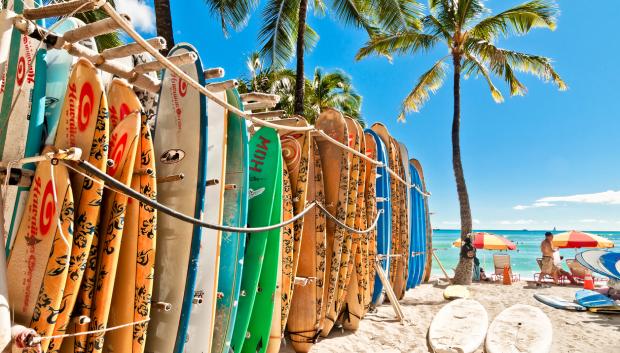 Tablas de surf en la playa de Waikiki (Hawái)