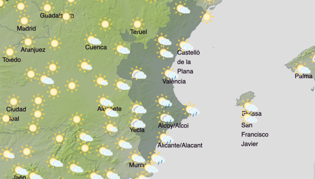 Mapa con la previsión de lluvias para el miércoles 28 de octubre en la Comunidad Valenciana.