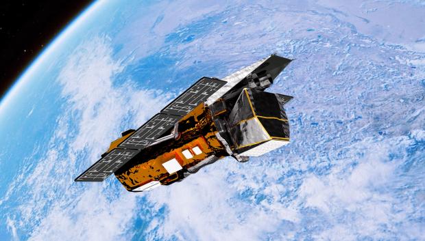 Ilustración realizada por el Laboratorio de Imágenes Conceptuales del Centro de Vuelo Espacial Goddard de la NASA donde se aprecia el telescopio Swift orbitando sobre la Tierra