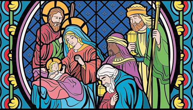 Vidriera de adoración de los Reyes