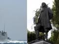 A la izquierda, la fragata Blas de Lezo; a la izquierda, escultura del héroe en Madrid