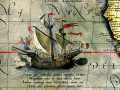 La nao Victoria, una de las cinco naves en la expedición de Magallanes en un mapa de Abraham Ortelius de 1589