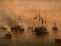 El lienzo representa la batalla de Cavite, que se libró en 1898 durante la Guerra hispanoamericana y supuso una enorme derrota para España, ya que casi toda la flota española resultó aniquilada