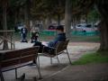 Un joven lee un libro en un parque de Barcelona.