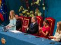 Spanish King Felipe VI and Queen Letizia Ortiz with daughters Princess of Asturias Leonor de Borbon and Sofia de Borbon during the delivery of the Princess of Asturias Awards 2019 in Oviedo, on Friday 18 October 2019.