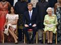 Britain's Queen Elizabeth, Prince Harry and Meghan, Duchess of Sussex pose for a group photo at the Queen's Young Leaders Awards Ceremony at Buckingham Palace in London, Tuesday, June 26, 2018.  *** Local Caption *** .