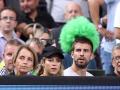 Gerard Pique and singer Shakira with Joan Pique and Montserrat Bernabeu attend a Basketball World Cup at the Palau Sant Jordi in Barcelona, Spain, Tuesday, Sept. 9, 2014