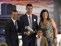 El futbolista Cristiano Ronaldo con su madre Dolores Aveiro y su hijo Cristiano JR junto a Jorge Mendes durante su homenaje por ser el máximo goleador de la historia del Real Madrid 02/10/2015