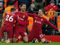 Liverpool (United Kingdom), 05/03/2023.- Liverpool's Cody Gakpo (C) celebrates after scoring the first goal during the English Premier League soccer match between Liverpool FC and Manchester United in Liverpool, Britain, 05 March 2023 (issued 06 March 2023). (Reino Unido) EFE/EPA/Peter Powell EDITORIAL USE ONLY. No use with unauthorized audio, video, data, fixture lists, club/league logos or 'live' services. Online in-match use limited to 120 images, no video emulation. No use in betting, games or single club/league/player publications