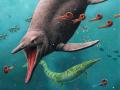 Ilustración del ictiosaurio más antiguo y su ecosistema hace 250 millones de años