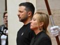 Italy's Prime Minister, Giorgia Meloni and Ukrainian President Volodymyr Zelensky take part in a welcoming ceremony upon Zelensky's arrival for their meeting on May 13, 2023 at Palazzo Chigi in Rome. Ukrainian President Volodymyr Zelensky arrived in Rome on May 13 for meetings with President of Italy, Prime Minister and the Pope in his first visit to Italy since Russia's invasion. (Photo by Alberto PIZZOLI / AFP)
