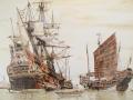Un galeón español en la costa de Manila, en Filipinas