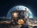 Interpetación hecha por IA de unos astronautas construyendo una casa en la Luna