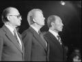 Primer plano de Menahem Begin, Jimmy Carter y Anwar Sadat en Camp David