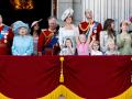 Queen Elizabeth , Prince Charles of Wales , Prince William , Kate Middleton , Princess Charlotte , prince George , Prince Harry , Meghan Markle , Princess Anne , princess Eugenie , princess Beatrice , princess Andrew and other royal members attending Trooping The Colour, London.  *** Local Caption *** .