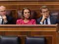 El portavoz del PP en el Congreso, Miguel Tellado; la secretaria general del PP, Cuca Gamarra, y el presidente del Partido Popular, Alberto Núñez Feijóo