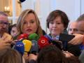 La ministra Pilar Alegría durante la rueda de prensa ofrecida a los medios