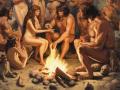 Ilustración generada por IA de un grupo de humanos prehistóricos en una cueva