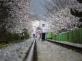 Una pareja camina por las vías del tren de la estación de Gyeonghwa, al sudeste de Seúl