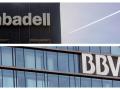 Letreros de Sabadell y BBVA en sus respectivas sedes