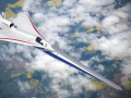 Ilustración artística del X-59 en vuelo sobre tierra