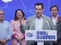 El presidente de Andalucía Juanma Moreno celebra los resultados electorales del domingo en Sevilla tras los comicios europeos celebrados en España. EFE/José Manuel Vidal