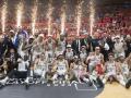 MURCIA, 12/06/2024.- Los jugadores del Real Madrid, (i-d) Sergio Rodríguez y los franceses, Guerschon Yabusele y Vicent Poirier, celebran la victoria de su equipo en el tercer partido de la final de la Liga Endesa ante el UCAM Murcia, que les hace campeones de la Liga, este miércoles en el Palacio de los Deportes de Murcia. EFE/Marcial Guillén