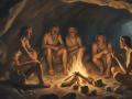 Homo sapiens alrededor de una hoguera en una cueva