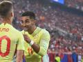 Ferrán Torres, autor del gol de España a Albania, celebra el tanto con Dani Olmo