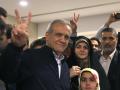 (FILES) Iranian presidential candidate and reformist Massoud Pezeshkian, flashes the V-sign for victory after casting his vote during the presidential election in Tehran on June 28, 2024. Masoud Pezeshkian, Iran's only reformist candidate in the latest presidential election, has risen from relative obscurity to become the ninth president of the Islamic republic on July 6, 2024.  Pezeshkian, 69, won around 53.6 percent of the vote in a runoff election against the ultraconservative Saeed Jalili. (Photo by ATTA KENARE / AFP)