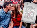Pedro Sánchez junto a Begoña Gómez en un acto político; a la derecha, resolución oficial de la Universidad Complutense
