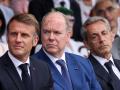 French president Emmanuel Macron, Prince Albert II of Monaco, Former french president Nicolas Sarkozy during ceremony for the 80th anniversary of the landing of Provence at the national necropolis of Boulouris in Saint-Raphael, France on August 15, 2024. Photo by Dominique Jacovides/Pool/ABACAPRESS.COM