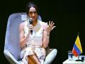 US actress Meghan Markle addresses the audience during the "Afro women and power" forum, at the Municipal Theatre in Cali, Colombia, on August 18, 2024. Prince Harry and his wife, American actress Meghan Markle, are visiting Colombia at the invitation of Colombia's vice-President Francia Marquez, with whom they have attended various meetings with women and young people to reject discrimination and cyberbullying. (Photo by Raul ARBOLEDA / AFP)