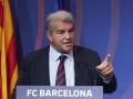 El presidente del FC Barcelona, Joan Laporta, durante la rueda de prensa ofrecida este martes para valorar el estado actual de la entidad