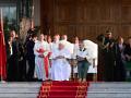 Pope Francis (centre L) sits with East Timors President Jose Ramos-Horta during his welcoming ceremony at the Presidential Palace in Dili on September 9, 2024. Pope Francis arrived on September 9 in East Timor for the third stop of an Asia-Pacific tour, the longest of the 87-year-old's papacy, according to an AFP reporter travelling with him. (Photo by Tiziana FABI / AFP)