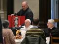 Pope Francis shares a breakfast with homeless people at The Church of St. Gilles in Brussels on September 28, 2024. The pope is on a four-day apostolic journey to Luxembourg and Belgium. (Photo by Alberto PIZZOLI / AFP)