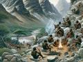 Concepto de un grupo de homininos guarecidos en una zona de montaña