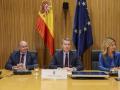 El presidente del PP, Alberto Núñez Feijóo (c), junto al portavoz parlamentario popular, Miguel Tellado (i), y la diputada del PP Cayetana Álvarez de Toledo