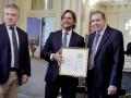 El ministro de Relaciones Exteriores, Omar Paganini, El presidente de Uruguay, Luis Lacalle y el líder opositor venezolano, Edmundo González Urrutia