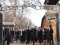 Los Reyes Felipe y Letizia; y la ministra de Asuntos Exteriores, Unión
Europea y Cooperación, Arancha González Laya (3d), tras la ceremonia de conmemoración del 75º aniversario de la liberación del campo de concentración y exterminio de Auschwitz-Birkenau, en Polonia a 27 de enero de 2020