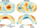 Ubicación de los LLSVP y una representación esquemática de la sección transversal de la Tierra para la velocidad y amortiguación de las ondas sísmicas