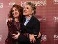 MADRID, 17/02/2025.- Las vicepresidentas María Jesús Montero (i) y Yolanda Díaz en la presentación de La conquista de la Democracia, nueva serie documental producida por RTVE y Tevescop, que retrata la transición democrática en España a través de seis miradas de seis directores, este lunes en el Teatro Monumental de Madrid. EFE/ Kiko Huesca