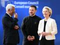 El presidente del Consejo Europeo Antonio Costa, el presidente de Ucrania Volodimir Zelenski y la presidenta de la Comisión Ursula von der Leyen