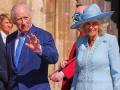 Britain's King Charles III (L) and Britain's Queen Camilla arrive to attend the Easter Matins service at St George's Chapel at Windsor Castle, in Windsor on April 20, 2025. (Photo by Kirsty Wigglesworth / POOL / AFP)