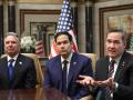 US Secretary of State Marco Rubio (C), US National Security Advisor Mike Waltz (R) and US Middle East envoy Steve Witkoff attend an interview after meeting with Russian Foreign Minister Sergei Lavrov and Russian President Vladimir Putin's foreign policy advisor Yuri Ushakov, at Diriyah Palace, in Riyadh, Saudi Arabia, on February 18, 2025. (Photo by EVELYN HOCKSTEIN / POOL / AFP)